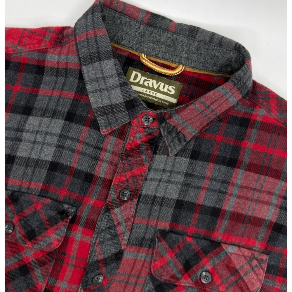 Dravus Mens L Red Black Plaid Flannel Shirt Heavy Cotton Button Up Outdoor